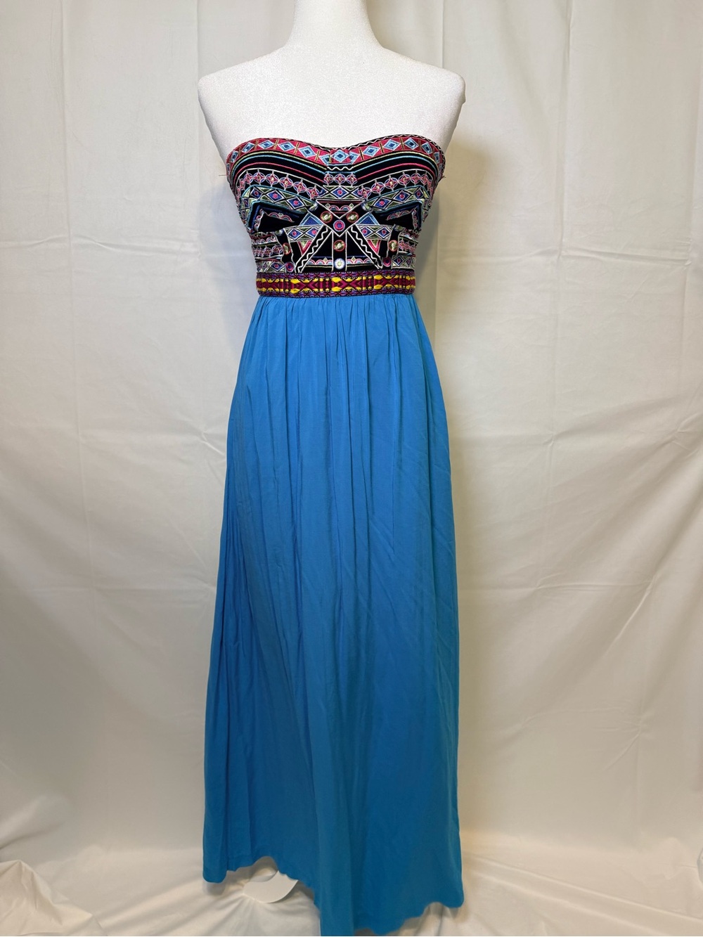 Like New Size Small Strapless Embroidered Bodice Blue Maxi Dress